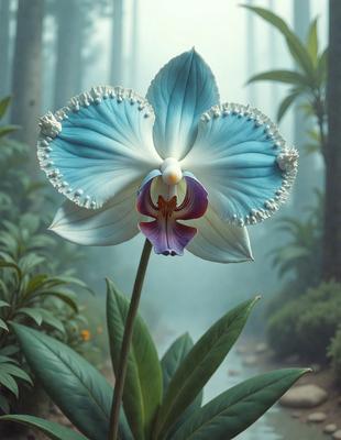 The primary subject of the image is a large, blue and white flower with purple accents. The flower is prominently displayed in the foreground, with a background of trees and a stream. The visual style of the image is a combination of photo and digital art, creating a realistic yet artistic representation of the flower. The colors and mood of the image are vibrant and lively, with the blue and white flower standing out against the natural backdrop.